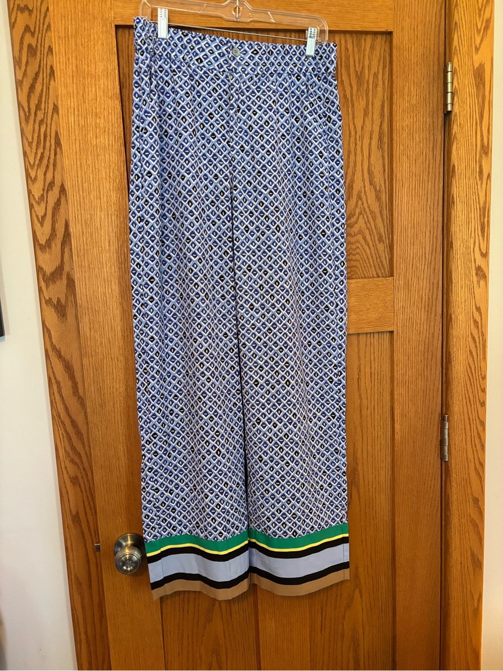 NIC+ZOE Navy and White Geometric Wide-Leg Pants with Multicolor Hem